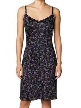 La Belle Vintage Black and Purple Floral Slip Dress Women's Size L